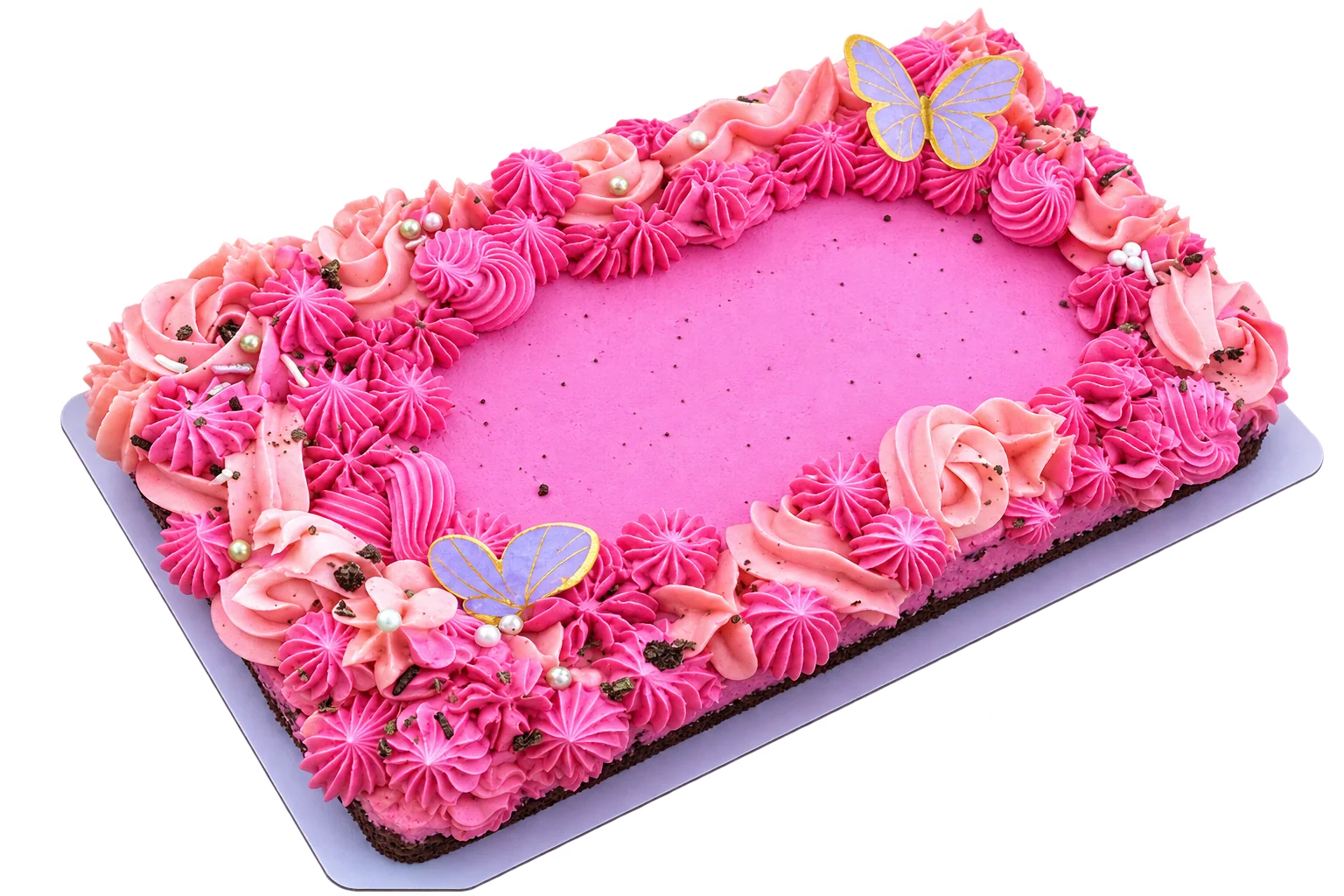 Custom celebration sheet cake with pink piped flowers and butterflies, decorated by Cozy Bites in Bulawayo.