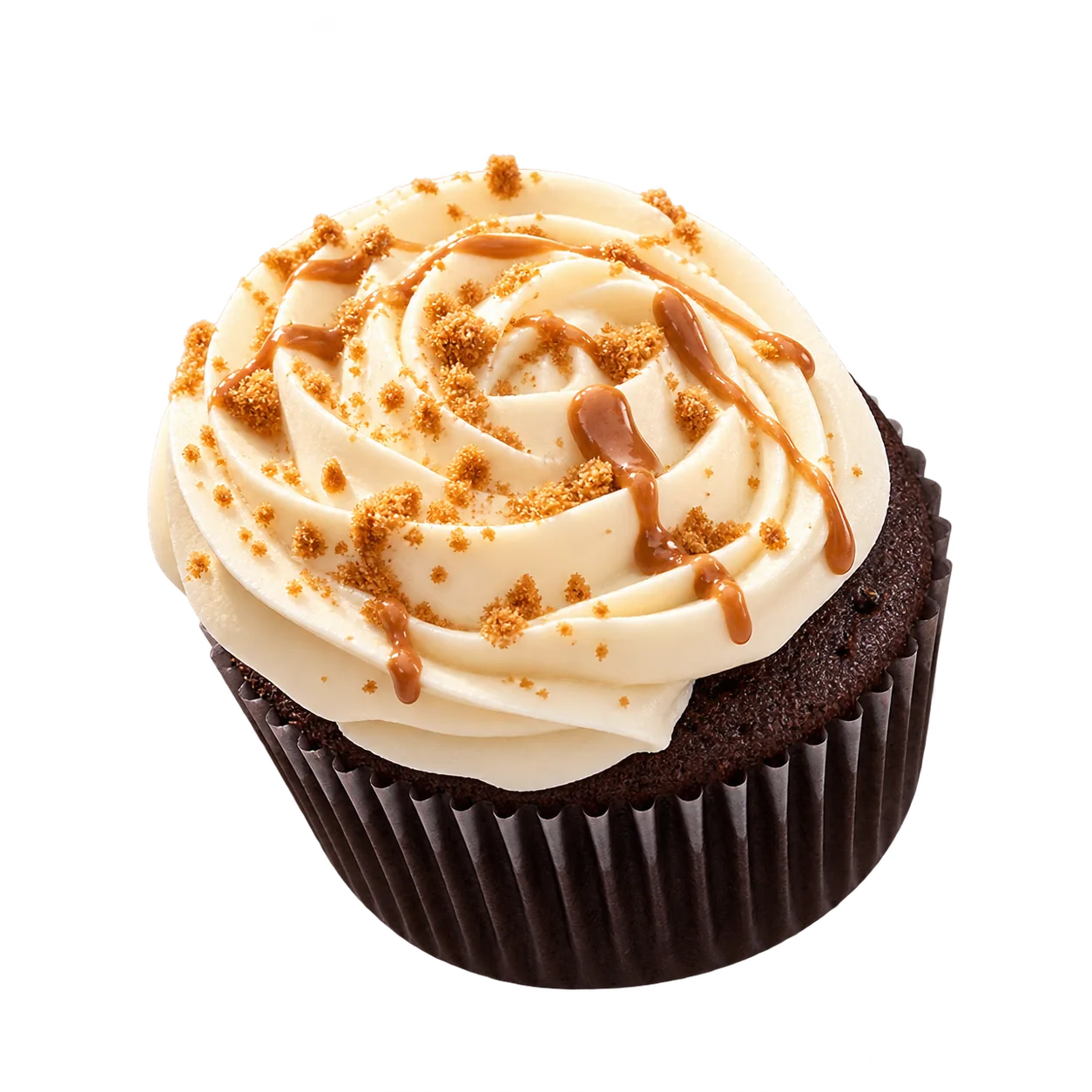 Biscoff cupcake with piped cream frosting and cookie crumbs