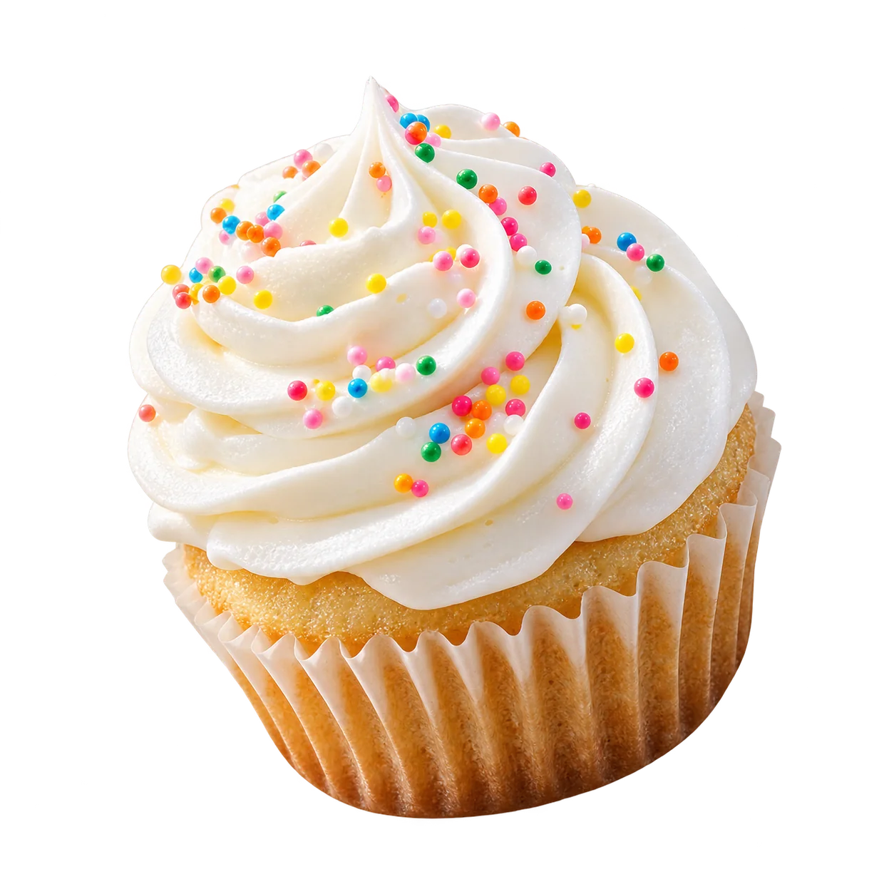 Vanilla cupcake with swirled frosting and colourful sprinkles