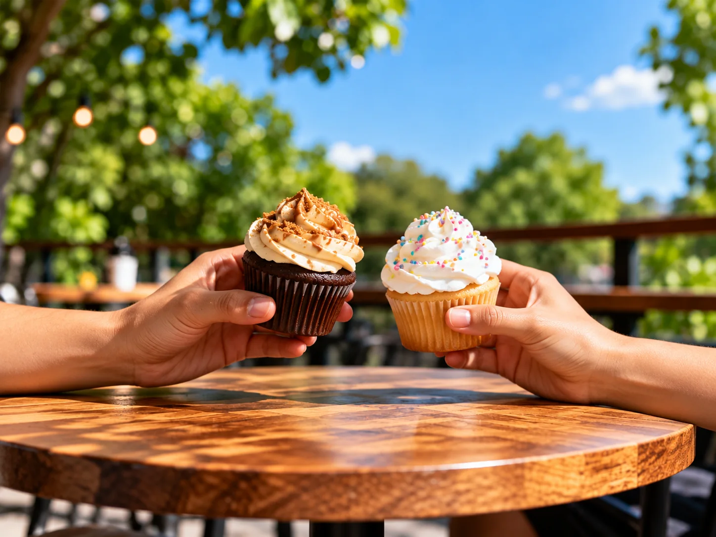 Two hands sharing Cozy Bites cupcakes across a sunlit outdoor table