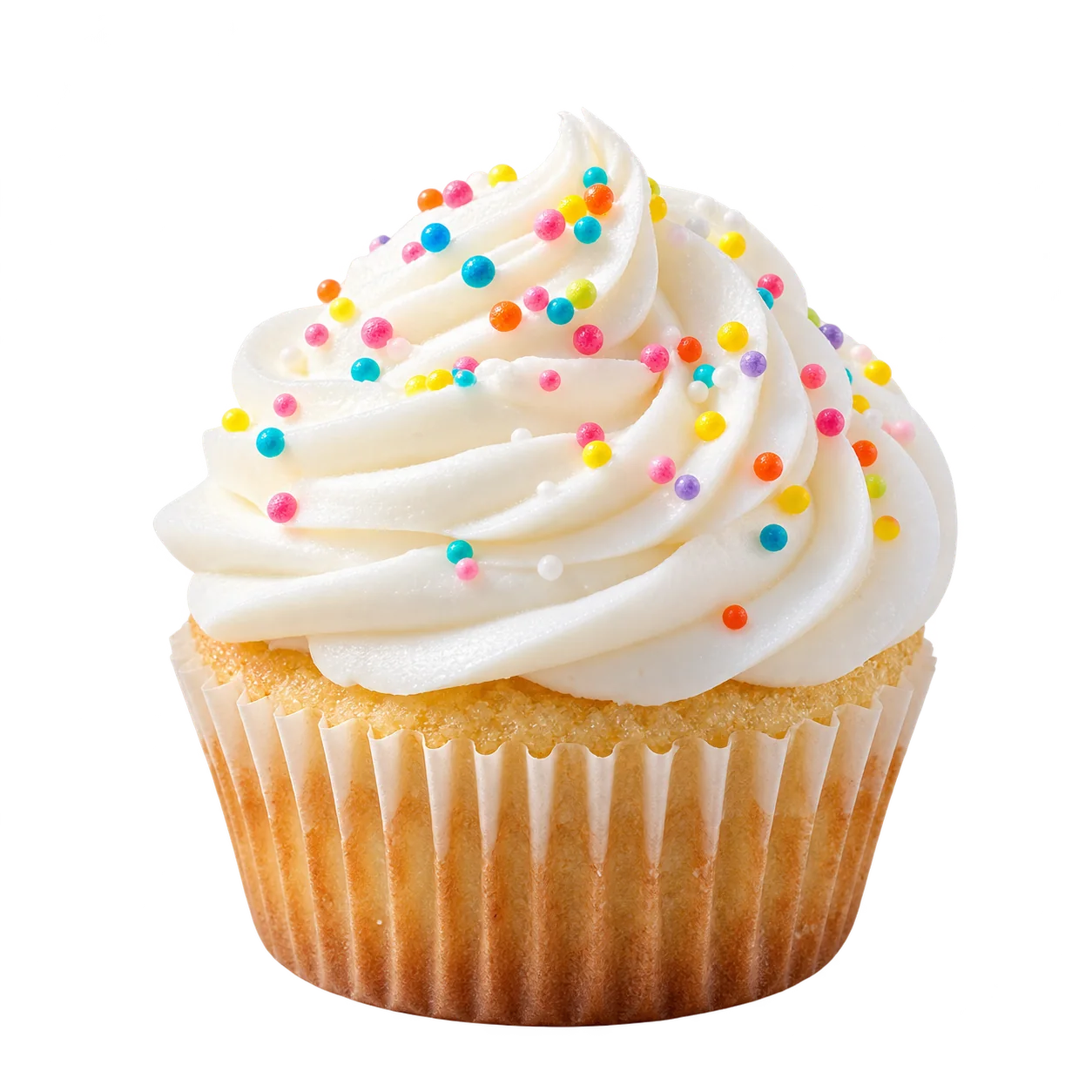 Cozy Bites vanilla cupcake with frosting and colourful sprinkles.